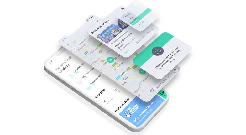 shepper screenshot 4 A smartphone displaying a job search app interface with floating cards showing job listings, map, filters, and notification options.