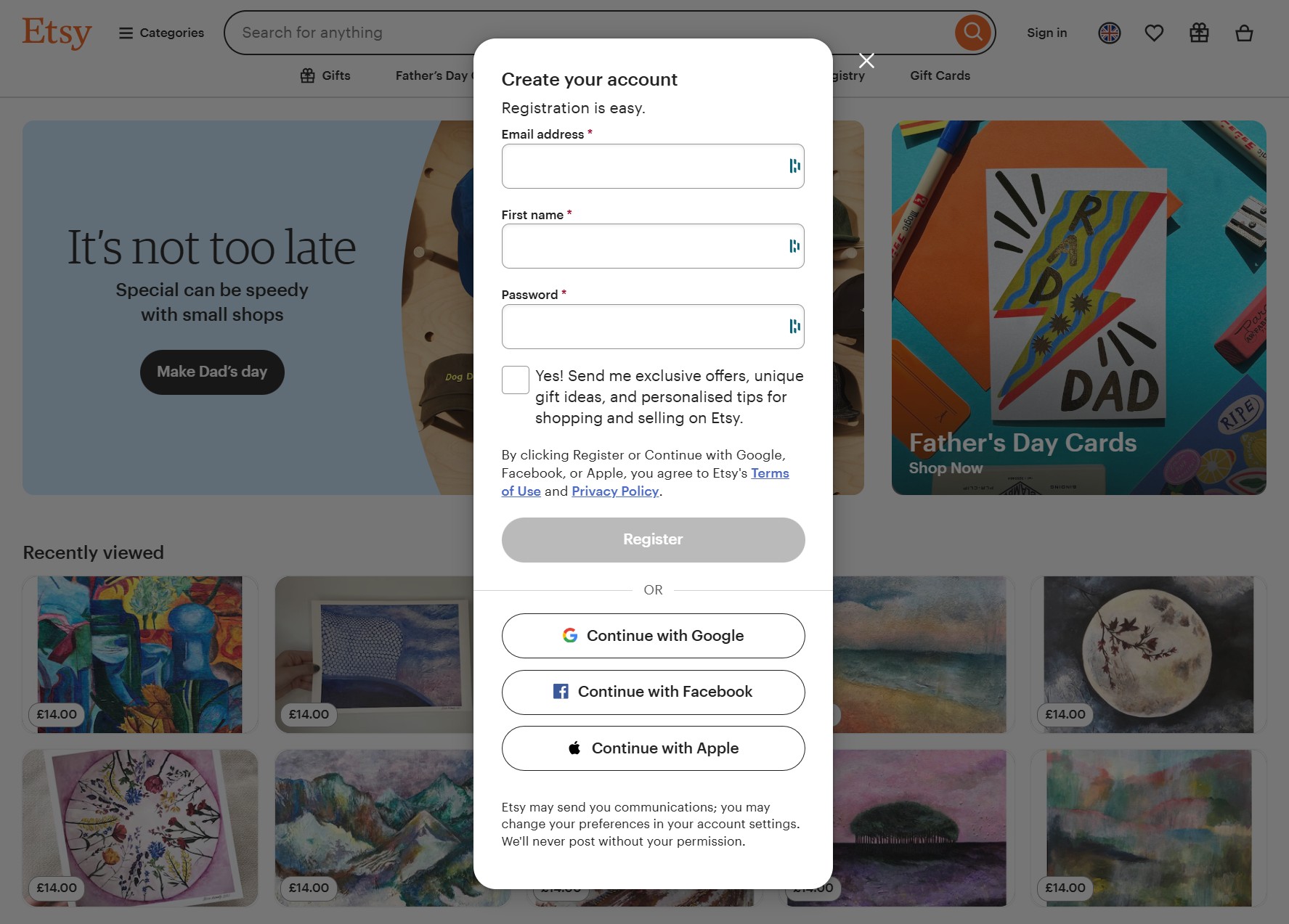 A registration pop-up overlays the Etsy homepage, prompting for email, name, and password, with options to sign up using Google, Facebook, or Apple accounts.