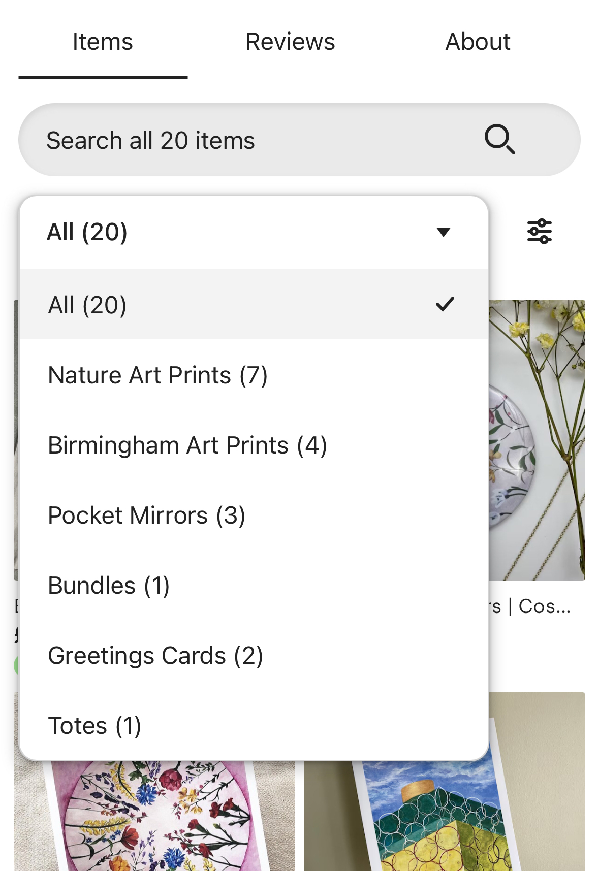Dropdown menu showing categories: All, Nature Art Prints, Birmingham Art Prints, Pocket Mirrors, Bundles, Greetings Cards, and Totes, with item counts beside each.