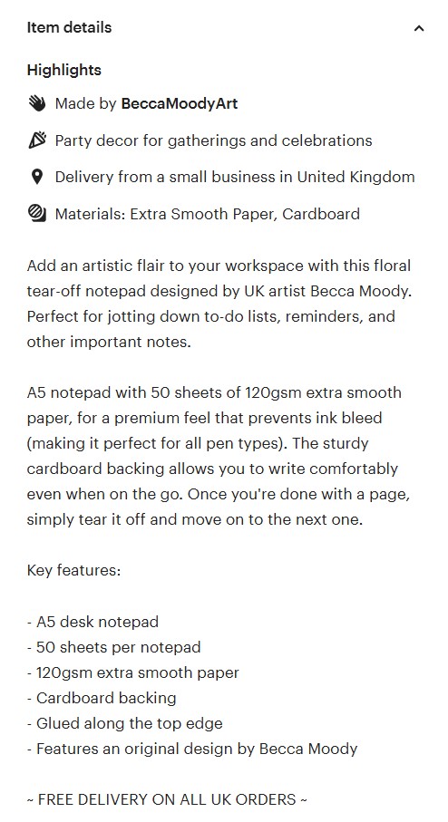 Screenshot of an online listing for a floral tear-off notepad, detailing product features, materials, and free UK delivery.