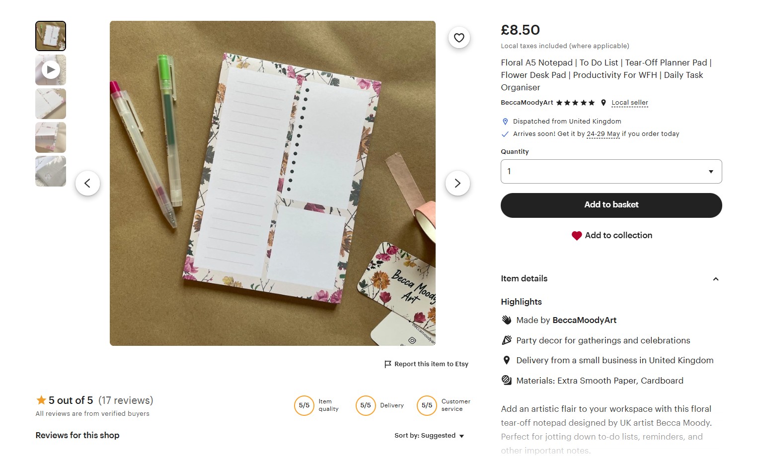 A floral-patterned tear-off planner pad with a pen and highlighter are arranged on a desk; the online listing shows item details and a price of £8.50.