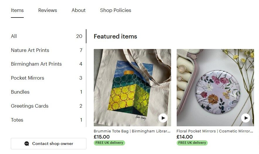 Screenshot of an online shop featuring four art products: a tote bag with geometric design, a floral pocket mirror, a bright floral art print, and an abstract multi-color art print.