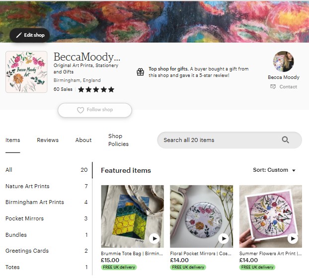 Screenshot of an Etsy shop page for BeccaMoody, displaying original art prints, featured items, shop location in Birmingham, and a five-star rating with 60 sales.