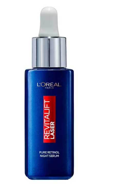 A blue bottle of L'Oréal Paris Revitalift Laser Pure Retinol Night Serum with a silver dropper cap and red label.