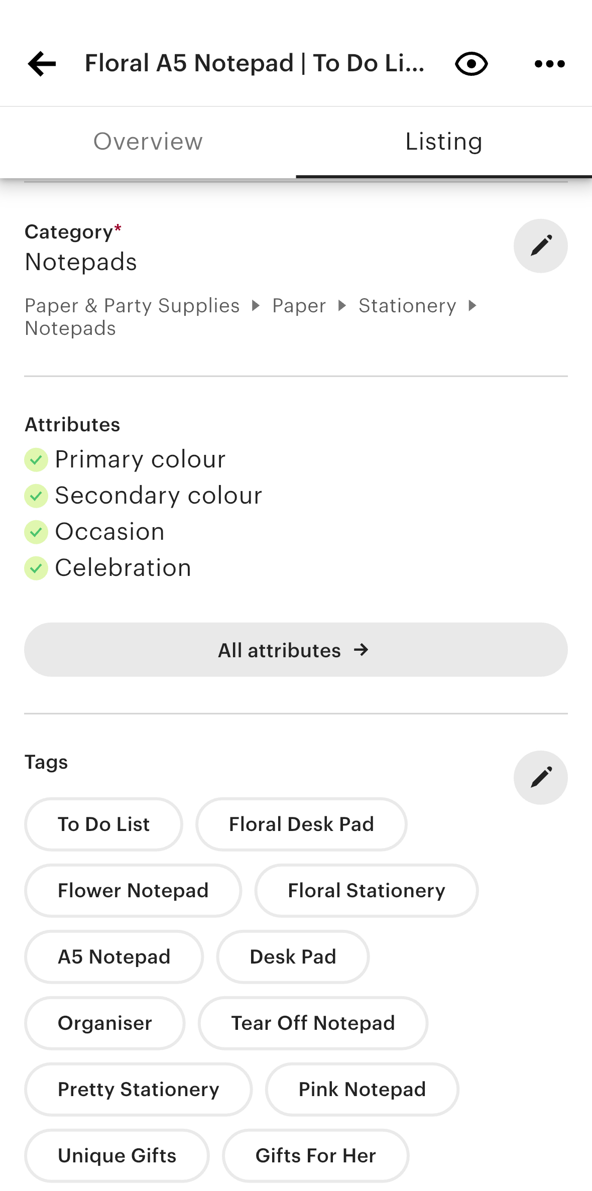 Screenshot of an online listing for a floral A5 notepad, showing its category, attributes, and tags including “To Do List,” “Floral Desk Pad,” and “Pretty Stationery.”.