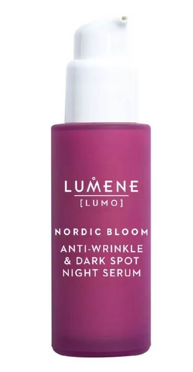 A purple pump bottle labeled "Lumene Nordic Bloom Anti-Wrinkle & Dark Spot Night Serum.