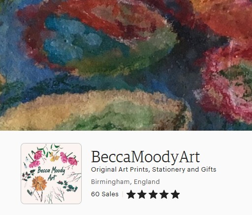 Close-up of a colorful abstract painting with the BeccaMoodyArt shop profile below, showing 60 sales, a five-star rating, and location in Birmingham, England.