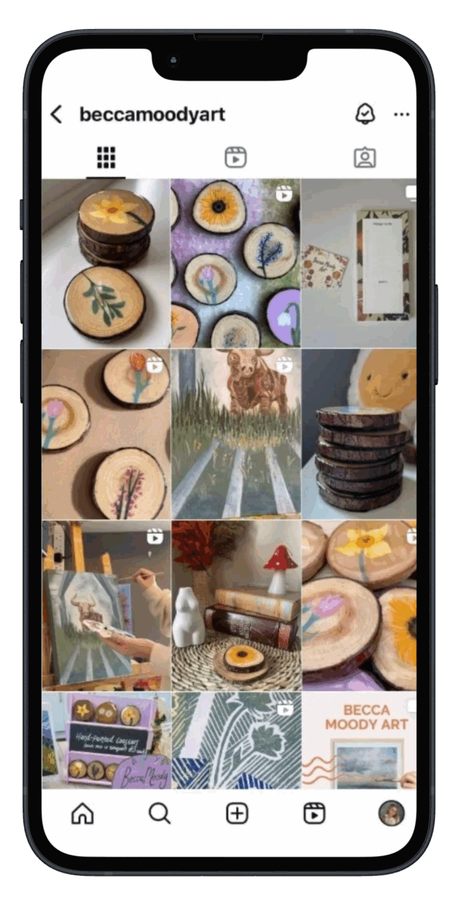 A smartphone displays an Instagram profile grid featuring various decorated cakes, food items, and artwork against a black background.