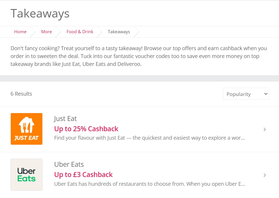 TopCashback takeaways A screenshot of TopCashback's fast food deals on takeaway