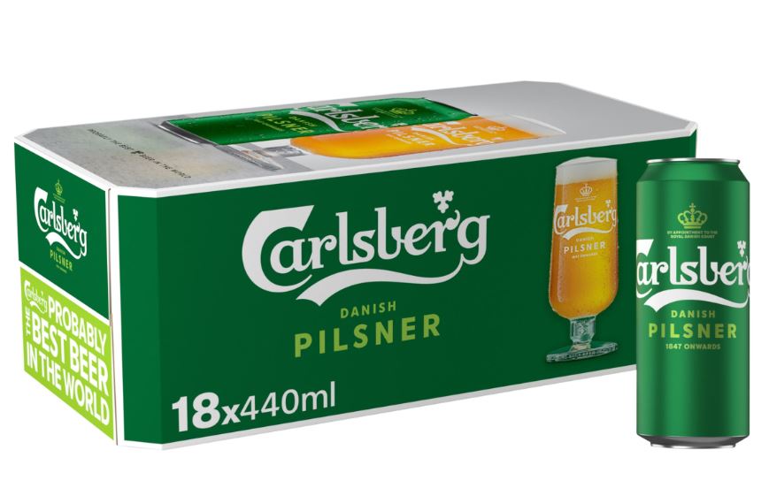 carlsberg iceland A box of Carlsberg Danish Pilsner containing 18 cans of 440ml each, with a can and a glass of beer pictured on the packaging.