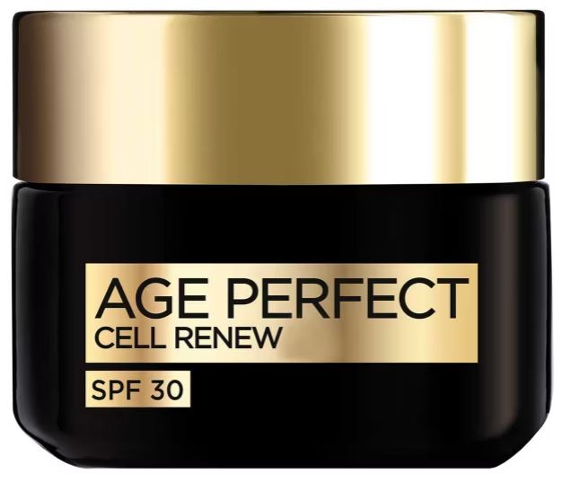A black and gold jar labeled "Age Perfect Cell Renew SPF 30" skincare cream.
