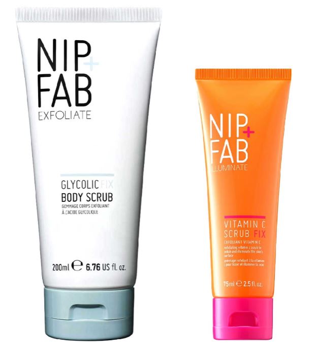 Two tubes of Nip+Fab exfoliating scrubs: Glycolic Fix Body Scrub (200ml, white tube) and Vitamin C Scrub Fix (75ml, orange tube), both standing upright.