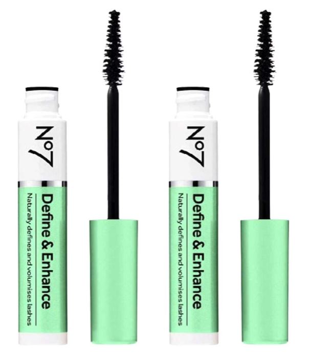 Two open tubes of No7 Define & Enhance mascara with green caps and black mascara wands visible.