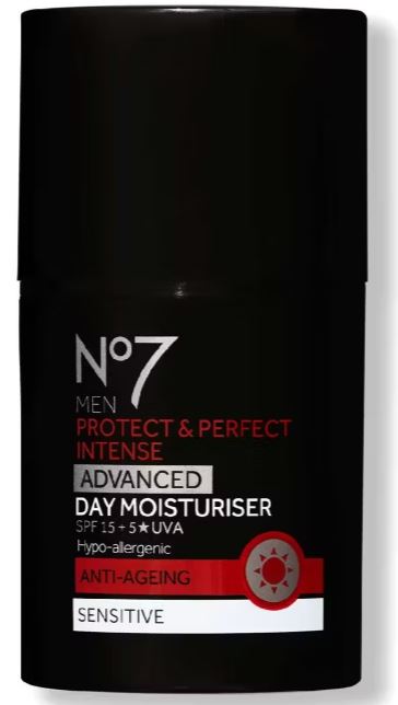 A black container of No7 Men Protect & Perfect Intense Advanced Day Moisturiser for sensitive skin, labeled with anti-ageing and SPF 15 features.
