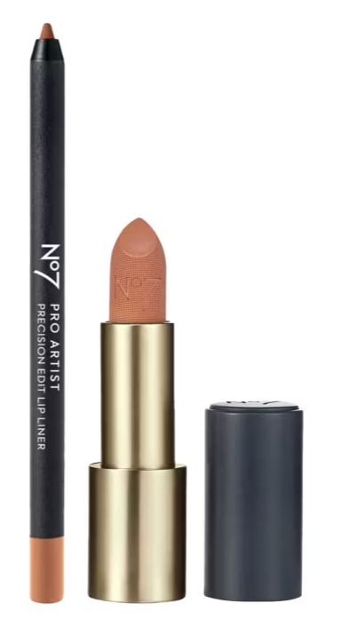 A No7 Pro Artist Precision Edit Lip Liner pencil and a No7 lipstick with cap removed, both in neutral nude shades, are shown standing upright.