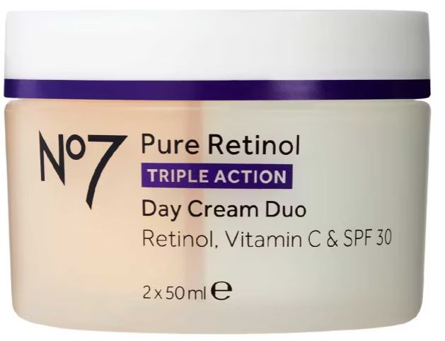 no7 pure retinol A jar of No7 Pure Retinol Triple Action Day Cream Duo, labeled with retinol, vitamin C, SPF 30, and 2 x 50 ml size.