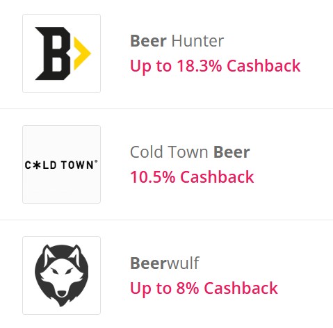 Beer cashback examples Three beer retailer listings show logos, names, and cashback offers: Beer Hunter (up to 18.3%), Cold Town Beer (10.5%), and Beerwulf (up to 8%).