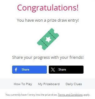 A pop-up notification displays a prize draw entry win, with options to share progress via Facebook or another platform.