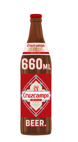 A 660 ml brown glass bottle of Cruzcampo Sevilla beer with a red and white label displaying the brand name and logo.