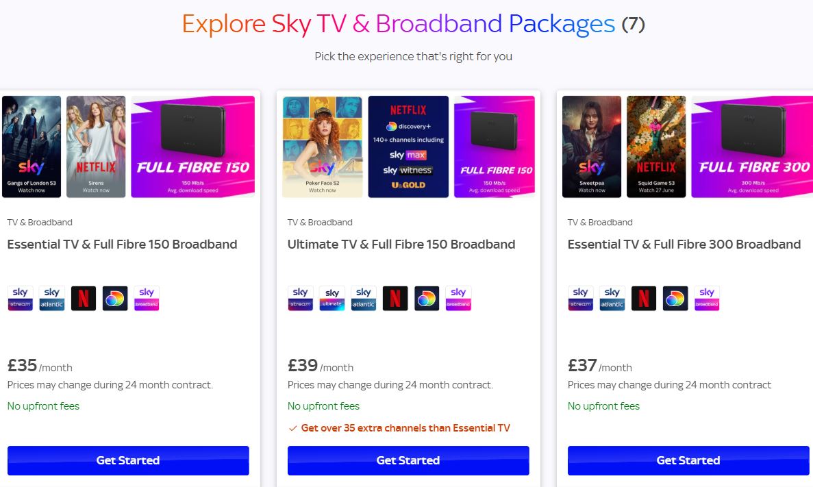 sky bundle desktop july 2025 Three Sky TV & broadband package options are displayed, showing monthly prices, TV and broadband details, and “Get Started” buttons for each plan.