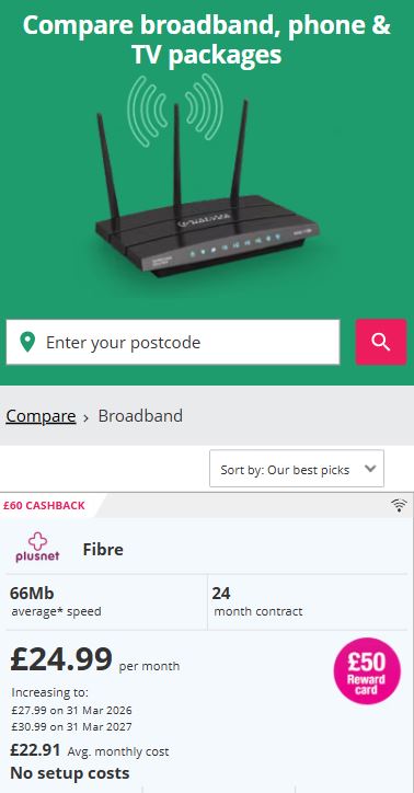 tcb compare mobile july 2025 A broadband price comparison webpage showing Plusnet Fibre at £24.99 per month for 24 months, 66Mb average speed, no setup costs, and a £50 reward card offer.