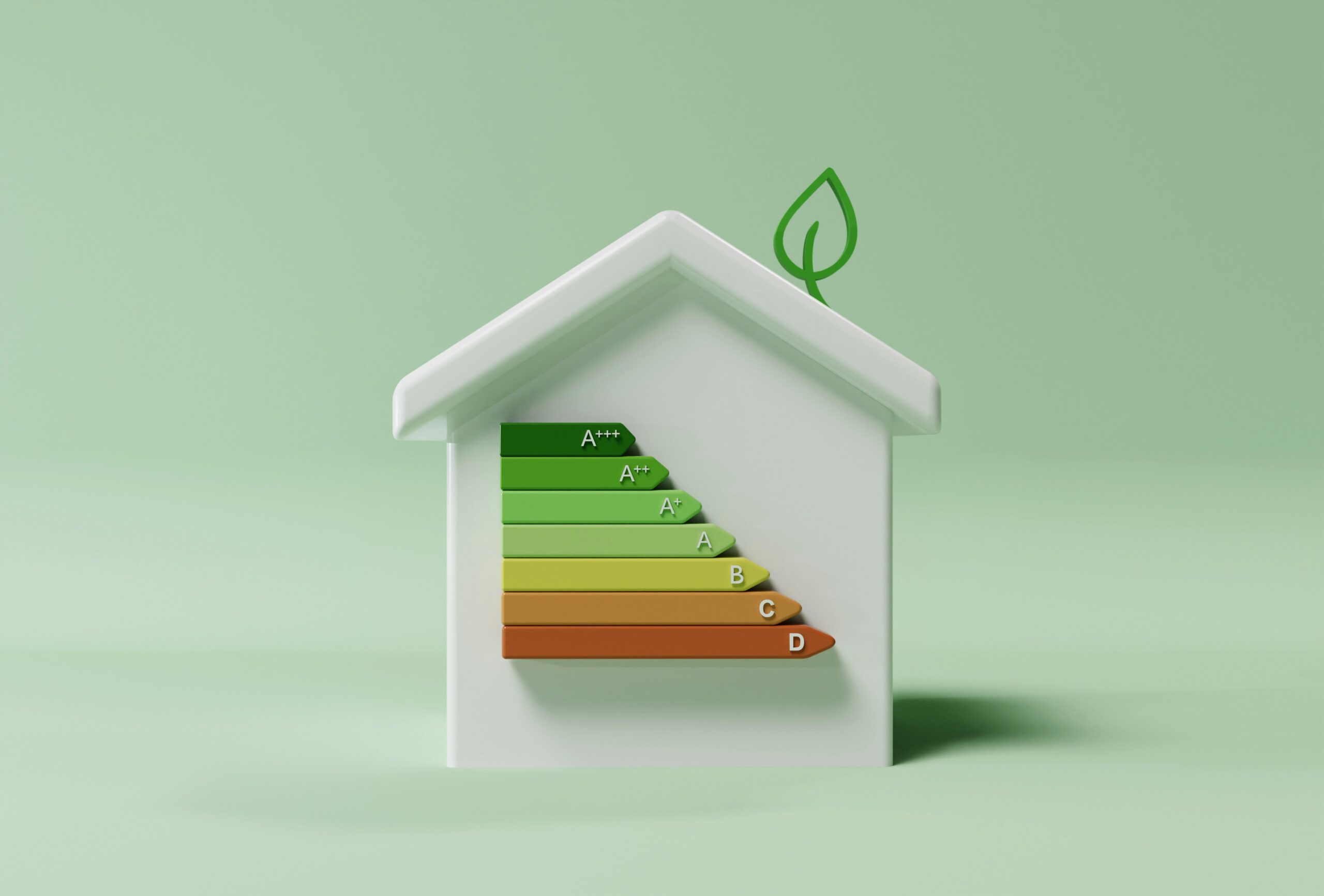 A model house displays an energy efficiency rating chart with bars from A++ to D, a green leaf on the roof, and highlights the benefits of an air source heat pump on a green background.