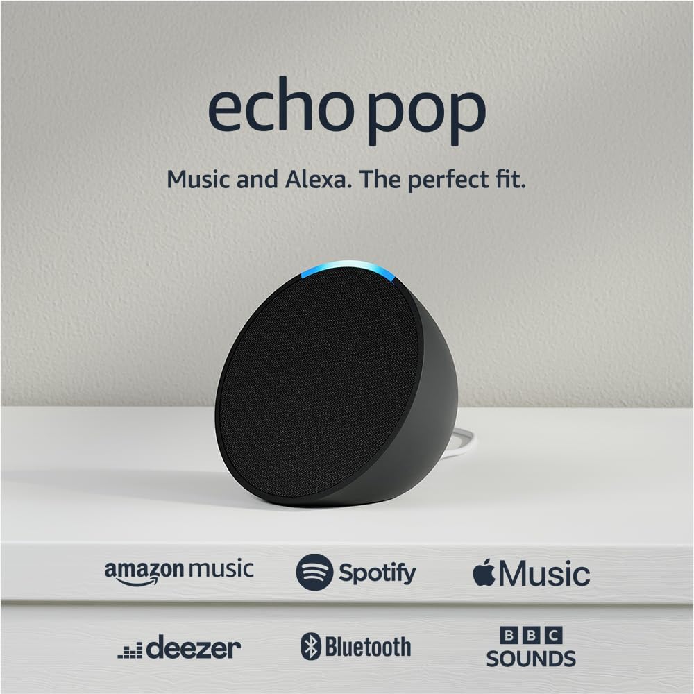 A Black Amazon Echo Pop smart speaker up for an Amazon Prime Day discount