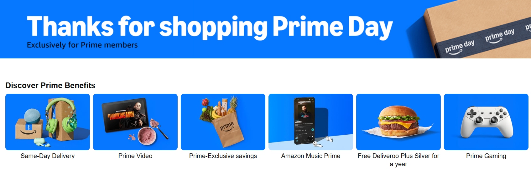 An image showing an Amazon Prime Day banner with a selection of deal categories attached