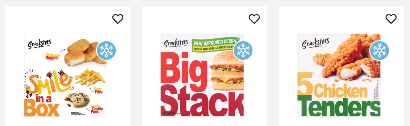 Three frozen food packages: one with chicken nuggets, fries, and a cookie; one with two chicken burgers; one with five chicken tenders. Each Smacksters package brings the taste of McDonald's offers right to your home.