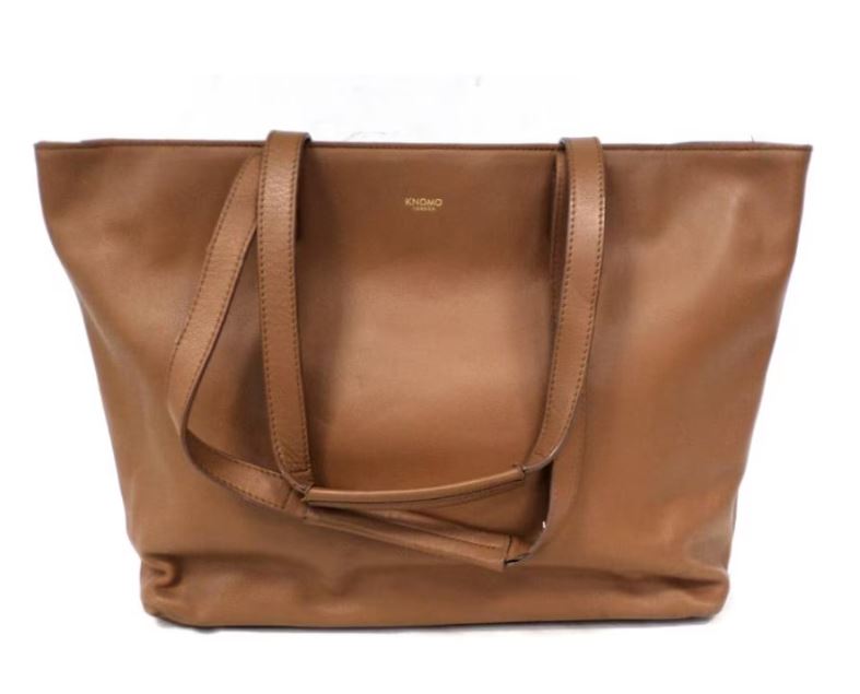 A large brown leather tote bag with two handles and a simple, unembellished design.