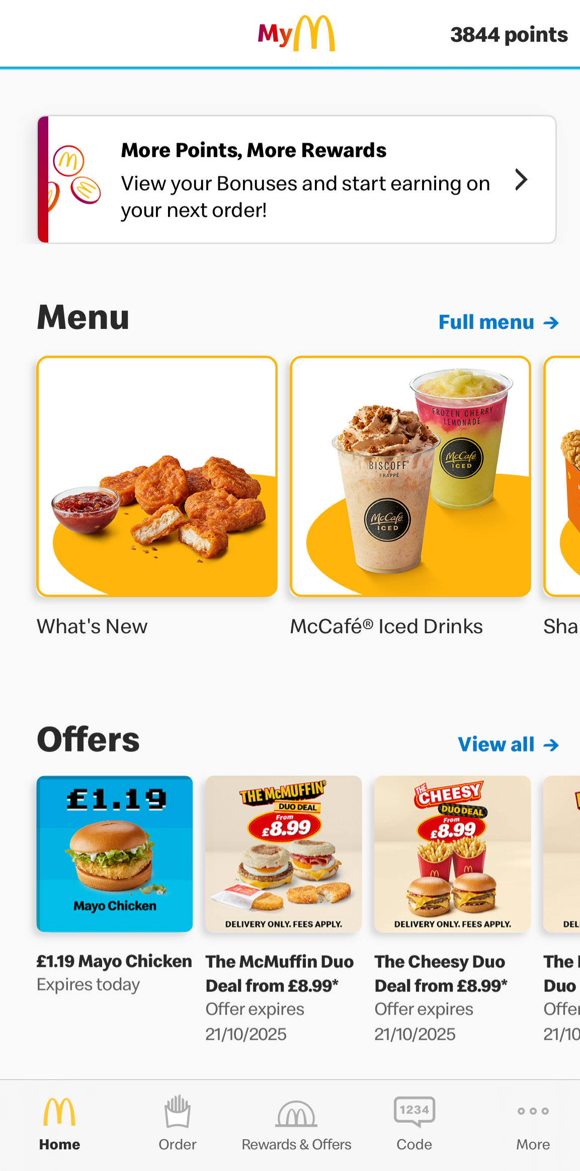 McDonald's app screen showing points, a banner for McDonald's rewards, menu items including chicken and iced drinks, plus special McDonald's offers like Mayo Chicken and McMuffin deals with prices and expiry dates.