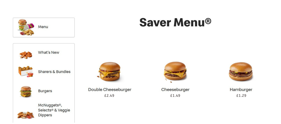 A fast food saver menu shows images and prices of a double cheeseburger (£2.49), cheeseburger (£1.49), and hamburger (£1.29) on a white background.