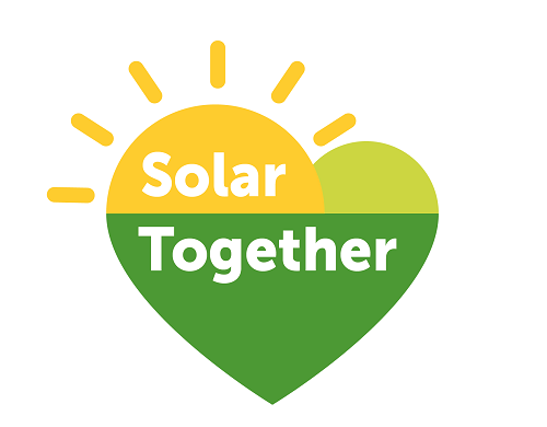 Solar Together logo A yellow sun rising behind a green heart shape with the words "Solar Together" written inside.