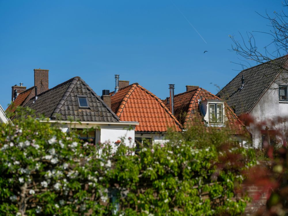 Sunny day Several houses with red and brown tiled roofs are partially visible behind green leafy trees under a clear blue sky.