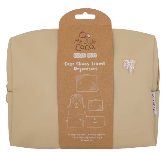 beach bag organiser Beige travel organizer pouch labeled "My Little Coco Beach Bum Case Chaos Travel Organisers" with a small palm tree design and product details on the packaging.