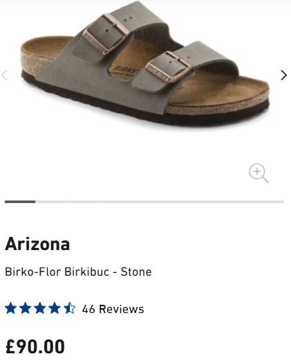 A grey Birkenstock Arizona sandal with two buckle straps is shown above the price of £90.00 and a 4.5-star rating from 46 reviews.