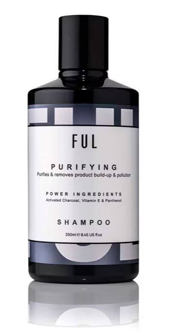 charcoal shampoo A bottle of FUL Purifying Shampoo, featuring power ingredients activated charcoal, vitamin E, and panthenol. The label highlights product build-up and pollution removal.
