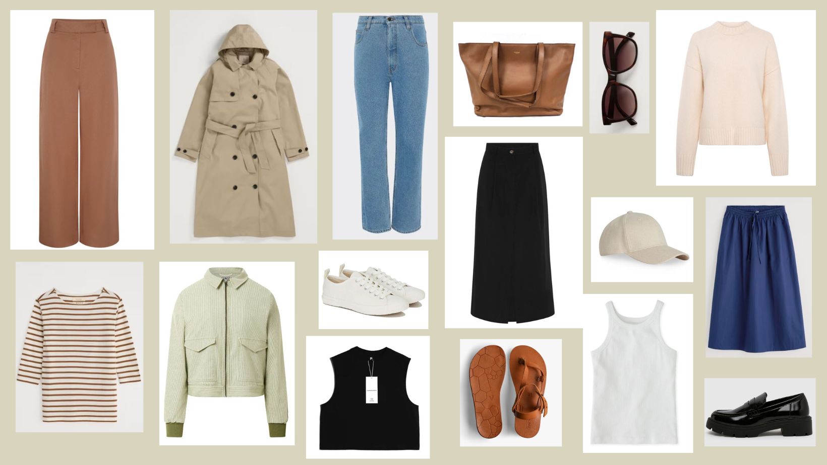 A collage of women's clothing and accessories, including pants, jeans, skirts, tops, a trench coat, shoes, a tote bag, sunglasses, and a cap, arranged on a neutral background.