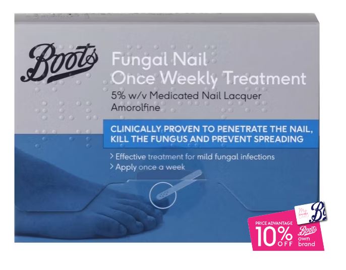 fungal nail treatment Box of Boots Fungal Nail Once Weekly Treatment, 5% medicated nail lacquer, with promotional label for 10% off Boots own brand products.