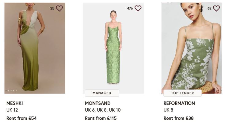 Three green dresses displayed on models, each available for rent from different brands with varying prices and UK sizes listed below each image.