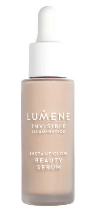 lumene serum 2 A bottle of Lumene Invisible Illumination Instant Glow Beauty Serum with a dropper cap, filled with a light beige liquid.