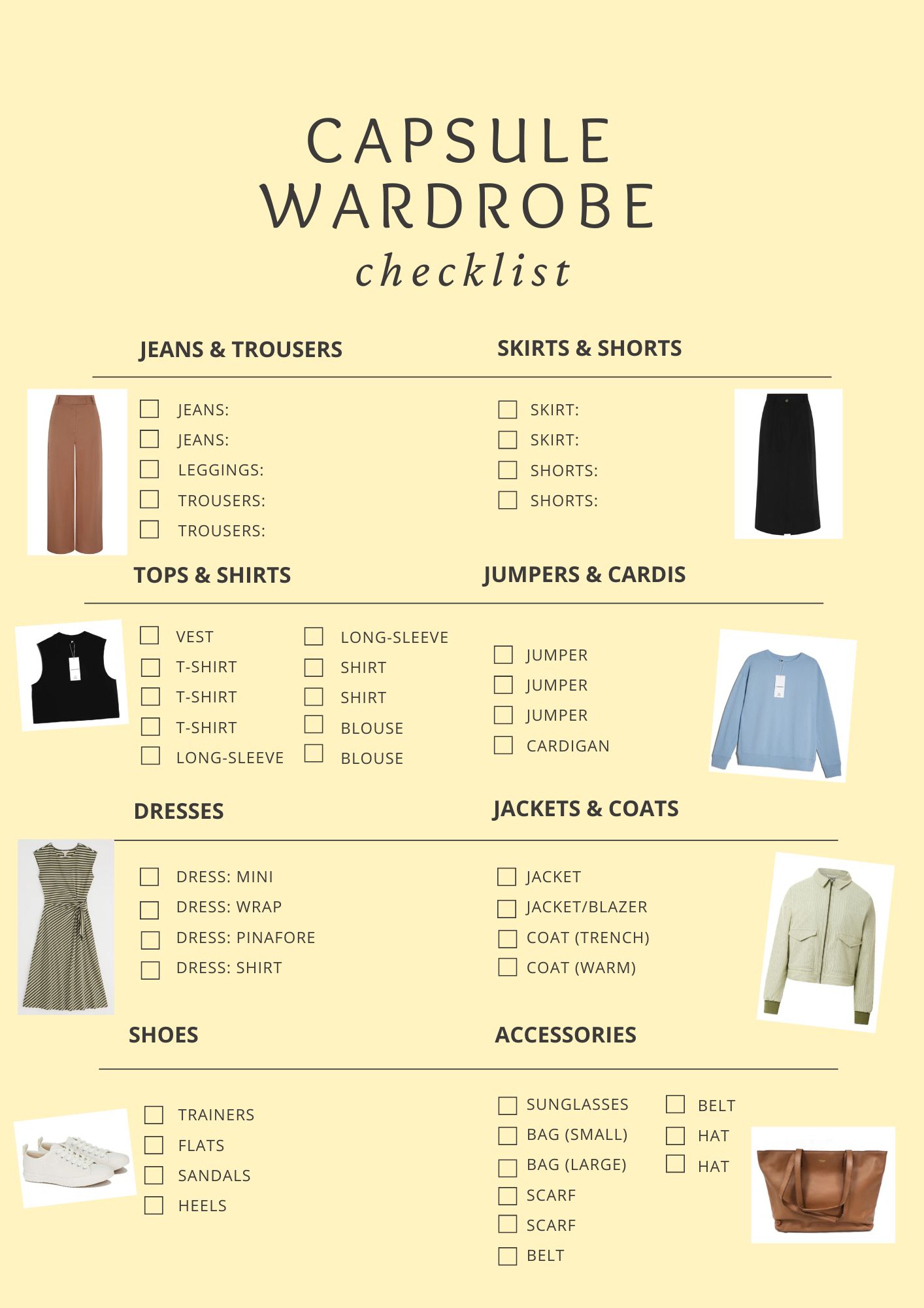 A checklist for a capsule wardrobe, divided into sections for jeans, tops, dresses, shoes, skirts, jumpers, jackets, and accessories, with corresponding images and checkboxes.