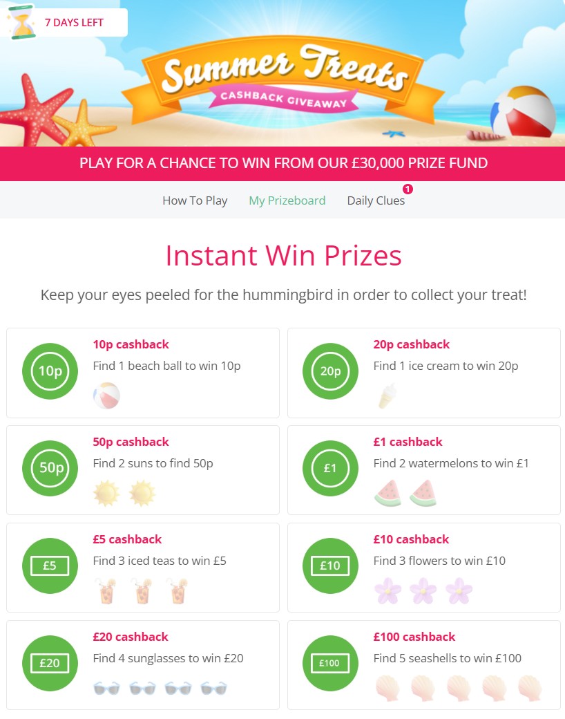 Summer-themed promotional webpage displaying a cashback giveaway with instant win prizes, including various treat icons and amounts, and instructions to find specific items to win cashback.
