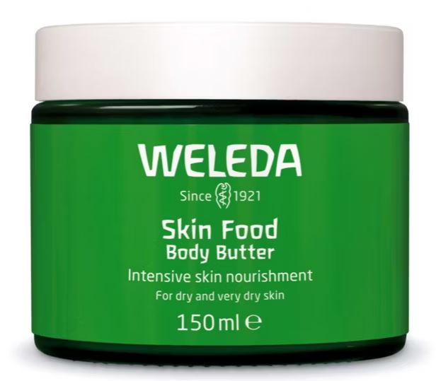 A green jar of Weleda Skin Food Body Butter, 150 ml, labeled for intensive nourishment for dry and very dry skin.