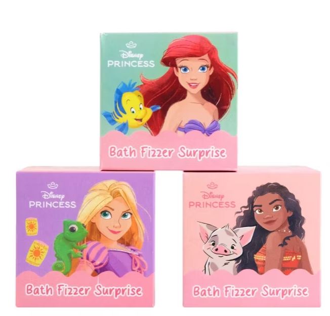 Three Disney Princess Bath Fizzer Surprise boxes featuring Ariel with Flounder, Rapunzel with Pascal, and Moana with Pua on the packaging.