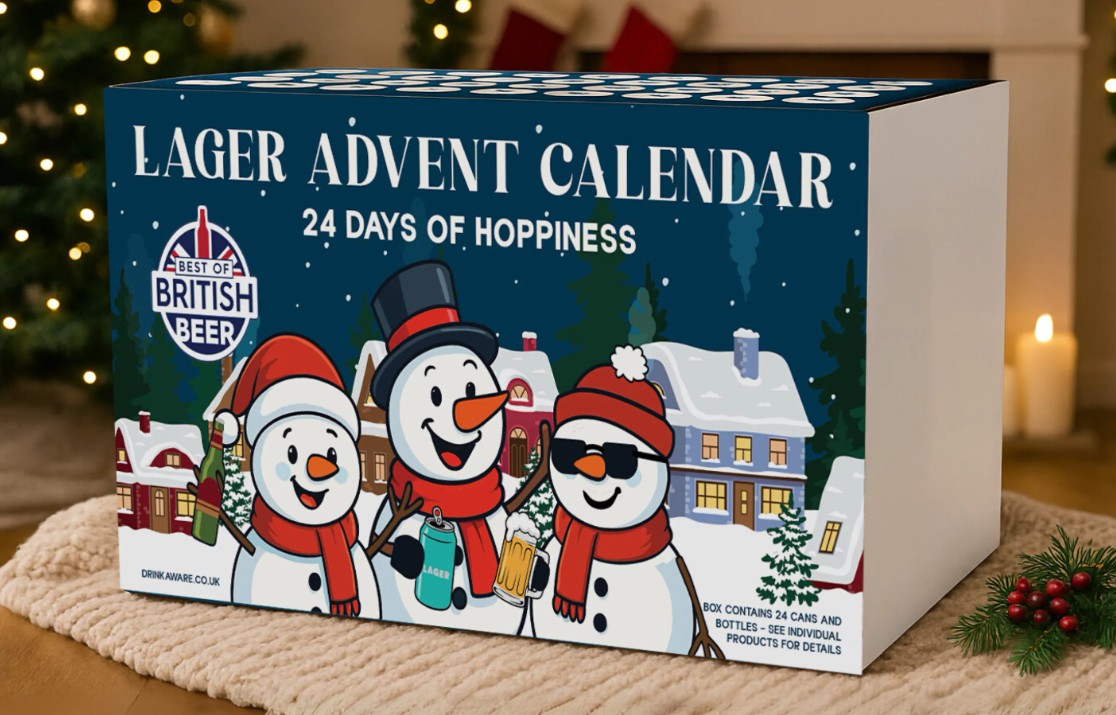 A box labeled "Lager Advent Calendar: 24 Days of Hoppiness" featuring three cartoon snowmen holding beer in a snowy village scene.