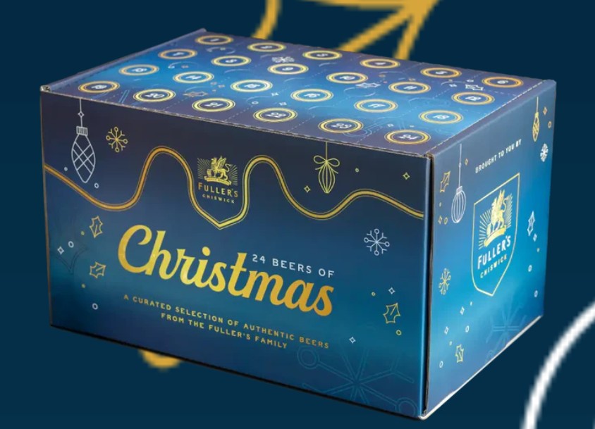A blue box labeled "24 Beers of Christmas" from Fuller's, featuring festive decorations and gold accents on the packaging.