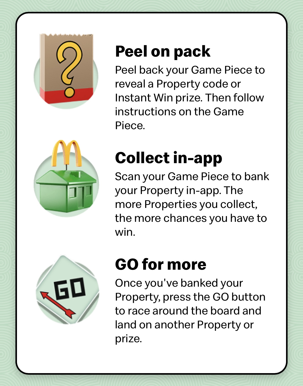 Screenshot Instructions for a game: peel a sticker to reveal a code, scan the code in-app to collect properties, and press GO in-app to continue playing for more prizes.