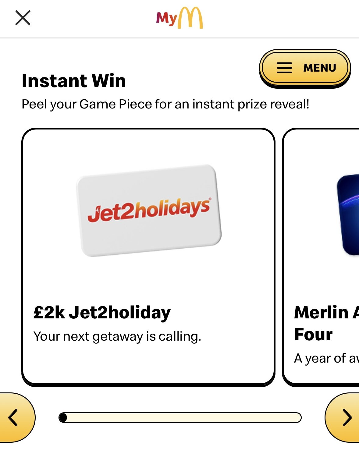 Screenshot A game piece for a chance to win a £2k Jet2holiday is displayed on the McDonald's app screen, with the text “Your next getaway is calling.”.
