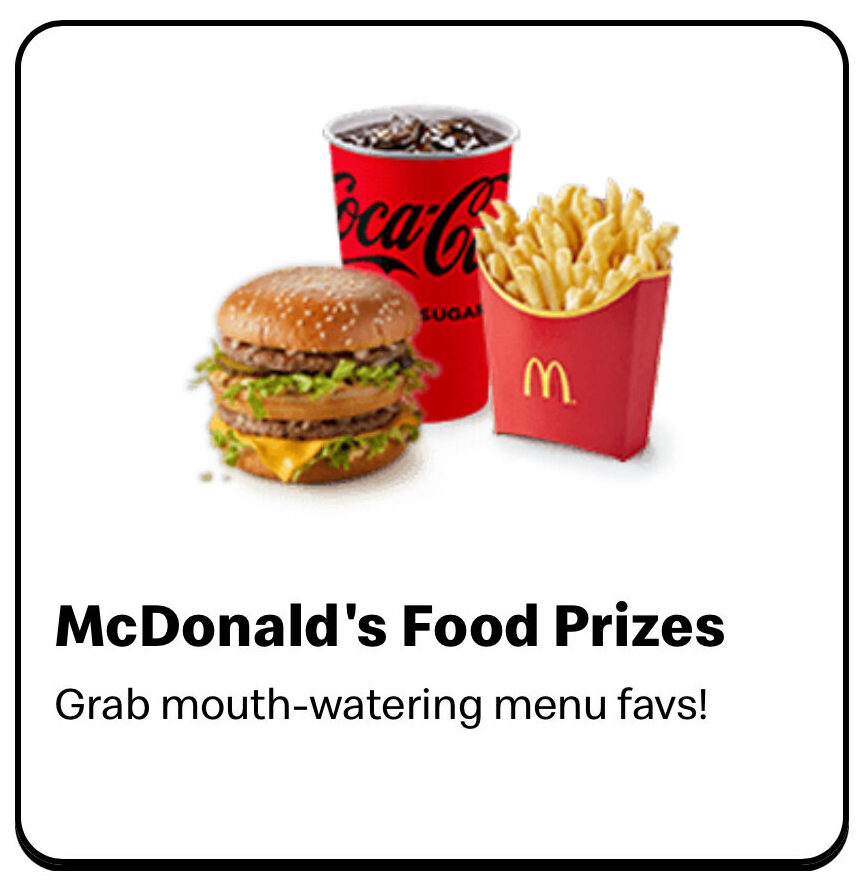 IMG_5635 A McDonald's meal with a burger, fries in red packaging, and a large Coca-Cola drink displayed on a promotional game screen.